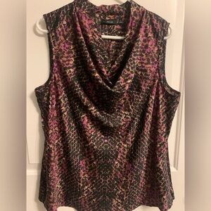 Women’s Sleeveless XL top, silky material, fushia,brown, black print hues, EUC